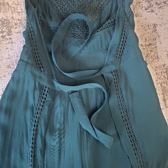 Anthropologie Elevenses Emerald Linen-Look Crochet Boho Wide Leg Pantsuit - Picture 5 of 16